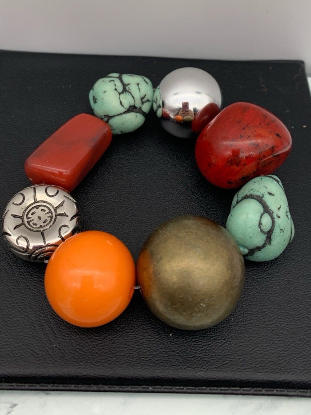 Very chunky Colorful Mixed-Bead Stretch Bracelet in Red, Turquoise & Orange